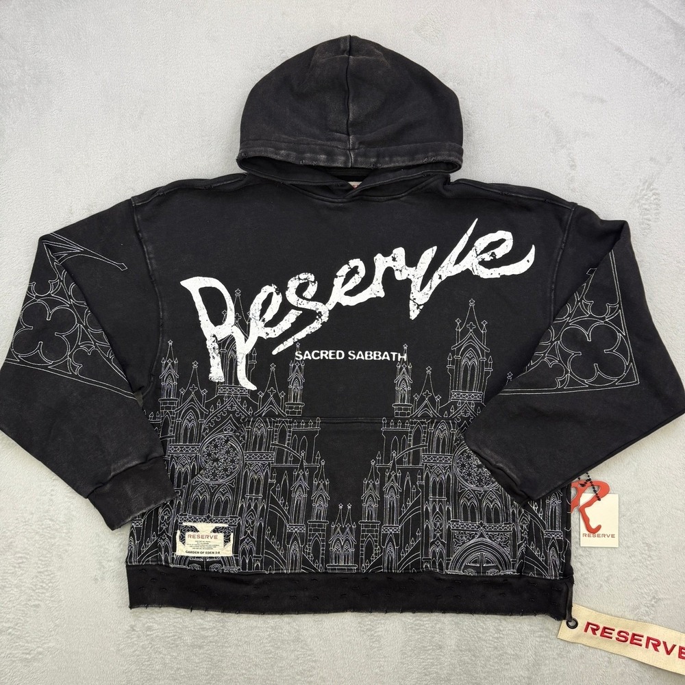 RESERVE‎ Hoodie Mens Medium Sacred Sabbath Graphic Oversized Black Religious Art
